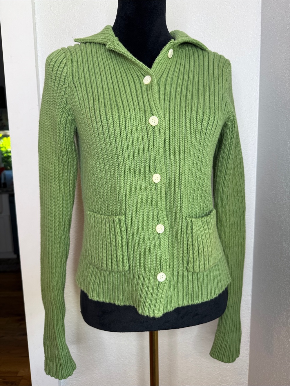 J.Crew Ribbed Cotton Cardigan Sweater Green Button Front Med Coastal Preppy